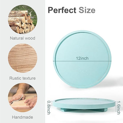 Round Decorative Tray Wood Bathroom Counter Organizer Farmhouse Kitchen Decor Wooden Riser for Soap Dish, Perfume, Candle, Sponge, 12" - Light Blue