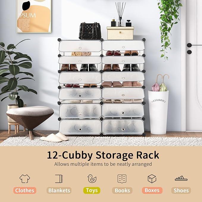 HAPPYGRILL Shoe Rack Organizer, 12-Cube Modular Plastic Shoes Storage Cabinet with 6-Tier Shoe Shelves & Transparent Doors, DIY Design, Freestanding Shoe Cabinet for 24 Pairs Shoes (White)