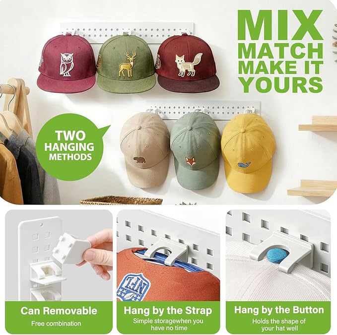 Detachable 2 Pack Hat Hook Organizer for Baseball Caps, Hat Hanger Holder for 20 Caps, Wall Hat Rack with Strong Adhesive, Multilayer Cap Storage Hooks for Closet Door and Bedroom (Style C-White)