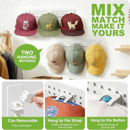 Detachable 2 Pack Hat Hook Organizer for Baseball Caps, Hat Hanger Holder for 20 Caps, Wall Hat Rack with Strong Adhesive, Multilayer Cap Storage Hooks for Closet Door and Bedroom (Style C-White)