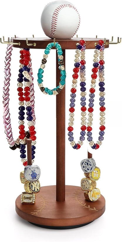 Baseball Necklace Holder,Baseball and Softball Jewelry Organizer,Wooden Ring Holder Display with Baseball Drip,360° Rotating Championship Ring Display.Baseball & Softball Gift for Players Fans.