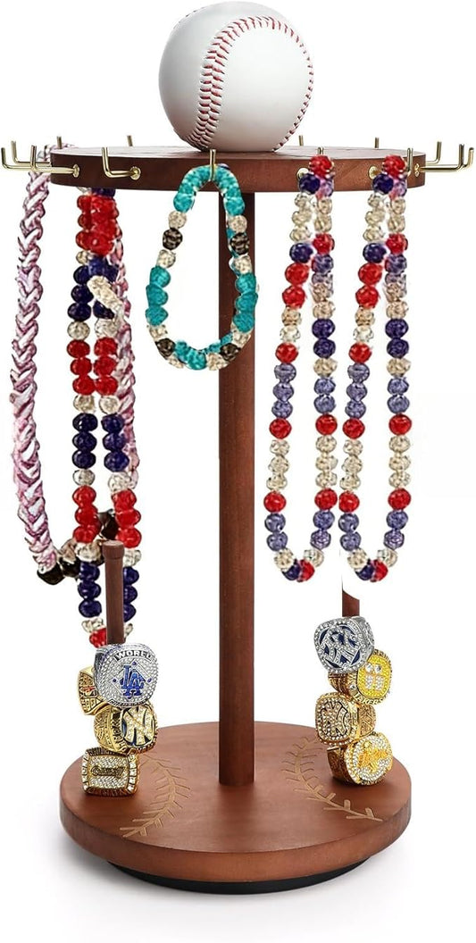 Baseball Necklace Holder,Baseball and Softball Jewelry Organizer,Wooden Ring Holder Display with Baseball Drip,360° Rotating Championship Ring Display.Baseball & Softball Gift for Players Fans.
