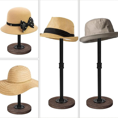 4Pcs Tabletop Hat Stand Cap with Height Adjustment, Industrial Metal Pipe Rustic Burnt Wood Hat Rack, Wig Rack for Chapeau, Cowboy Hat, Helmet