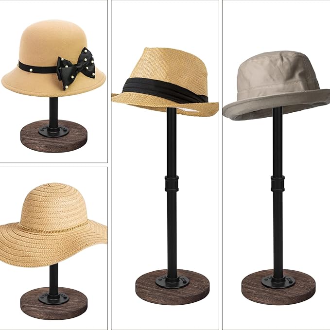 2 Pcs Tabletop Hat Stand Cap with Height Adjustment, Industrial Metal Pipe Rustic Burnt Wood Hat Rack, Wig Rack or Jewelry Display Riser