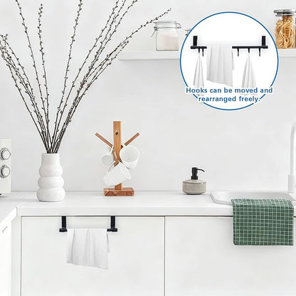 INCREWAY 2Pcs Towel Holder, Over Cabinet Door Towel Rack with Hooks, Multi-Purpose Kitchen Towels Rack and Hanger Organizer for Sink Bathroom Pantry Door (Black)