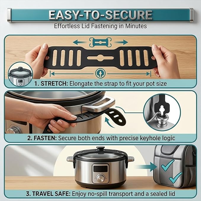 Silicone Lid Latch Strap for Slow Cooker and Pots - Universal Lock Band Compatible with Crockpot, Reusable Heavy Duty Pot Cover Securing Tie for No-Spill Travel, Heat Resistant, Black