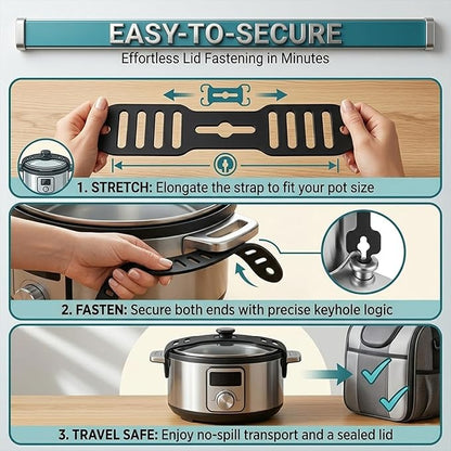 Silicone Lid Latch Strap for Slow Cooker and Pots - Universal Lock Band Compatible with Crockpot, Reusable Heavy Duty Pot Cover Securing Tie for No-Spill Travel, Heat Resistant, Black