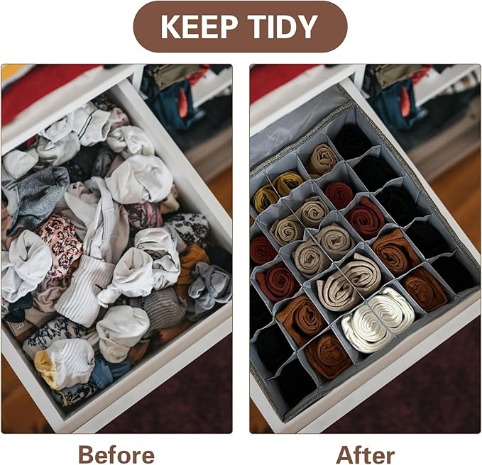 PINGMIC Gray Sock Organizer Divider 1 Pack with Lid - 30 Cell Foldable Closet Storage, Tie Organizer For Men Boxes for Socks, Ties, Belts