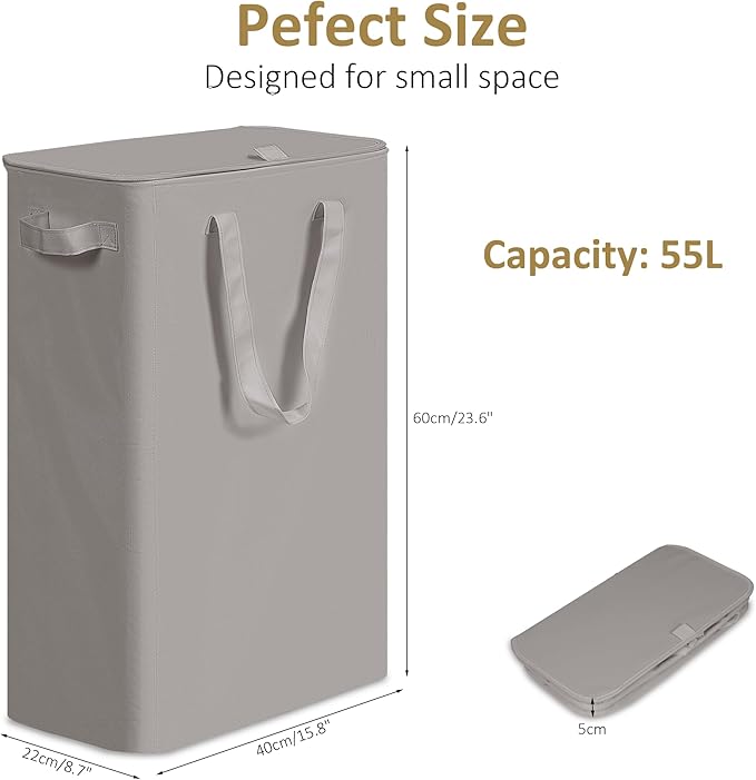 efluky Slim Laundry Basket with Lid, Narrow Laundry Hamper with Handles, Collapsible Dirty Clothes Hamper, Tall Laundry Bin for Laundry Room, Dorm and Bedroom, 55L Grey