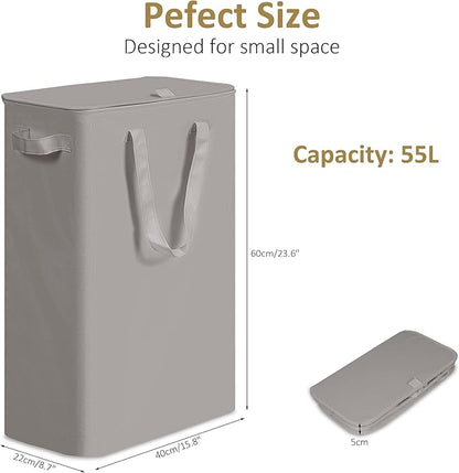 efluky Slim Laundry Basket with Lid, Narrow Laundry Hamper with Handles, Collapsible Dirty Clothes Hamper, Tall Laundry Bin for Laundry Room, Dorm and Bedroom, 55L Grey