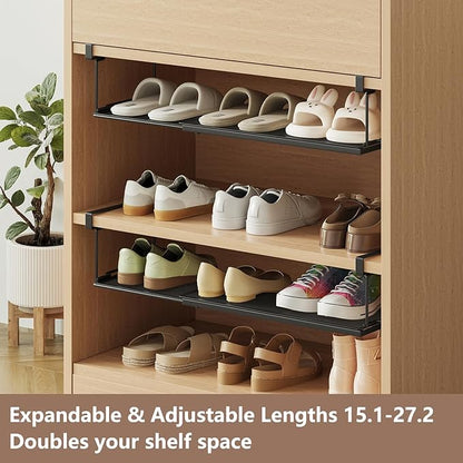Expandable Under-Shelf Shoe Rack for Closet(1-Pack) - Adjustable Under Shelf Storage Organizer, No-Tool Installation Sturdy Metal Hanging Shelves for Sneakers, Flats & Casual Shoes(Black)