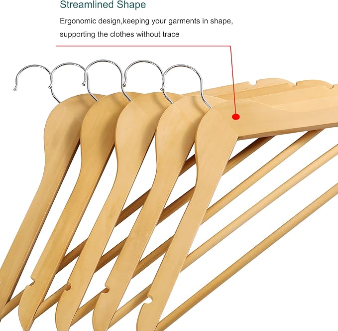 Wooden Coat Hangers 20 Pack,Nature Color with Shoulder Notches Suitable for Slip Dresses,Shirts, Blouses,Coats,360° Rotating Silver Hook Solid Wood Hanger