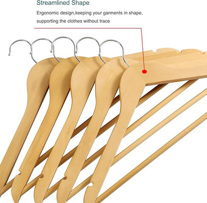 Wooden Coat Hangers 20 Pack,Nature Color with Shoulder Notches Suitable for Slip Dresses,Shirts, Blouses,Coats,360° Rotating Silver Hook Solid Wood Hanger