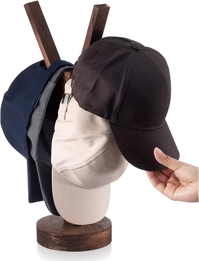 Chunful 1 Pcs Hat Stand for 10 Baseball Caps Tabletop Hat Display Rack Vertical Cap Storage Holder Organizer Hanger, No Punching Required, Easy to Install for Bedroom, Closet, Dresser, Office (Wood)