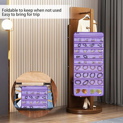 Dual-sided Hanging Jewelry Organizer Necklace Holder Jewelries Storage with 34 Zippered Pockets and 14 Dustproof Hook Loops (PURPLE)