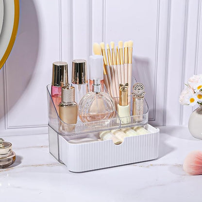 DASITON Makeup Organizer with Drawers, 2 Tier Stackable Organizer for Cosmetics, Skincare, Lipsticks, Makeup Brush, Acrylic Small Makeup Organizers for Vanity Bathroom Countertop Desk Storage (White)