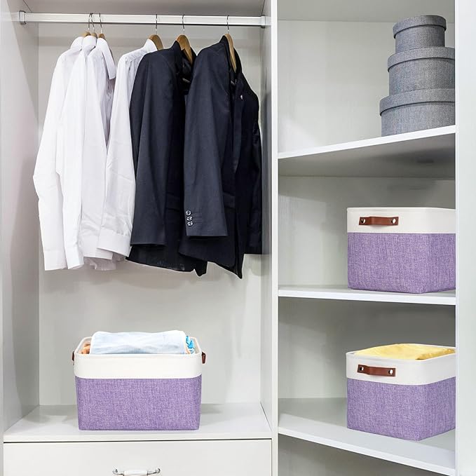 Bagnizer Storage Bins Large Fabric Storage Baskets for Shelves 3 Pack, Decorative Linen Closet Baskets with Handles for Organizing, Shelf, Clothes, Home, Office, 15x11x9.5Inches (Purple&White)