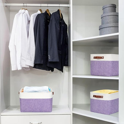 Bagnizer Storage Bins Large Fabric Storage Baskets for Shelves 3 Pack, Decorative Linen Closet Baskets with Handles for Organizing, Shelf, Clothes, Home, Office, 15x11x9.5Inches (Purple&White)