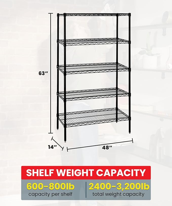 Quantum Storage Systems WR63-1448BK Wire Shelving Starter Kit, 48" W x 14" D x 63" H, 600 lbs Capacity, Carbon Steel, Epoxy Coated, Black, NSF