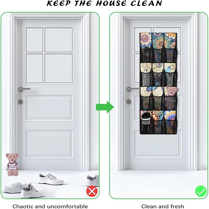 Boho Flowers Shoe Organizer Door Hanger,Storage for Small Spaces,Over the Door Shoe Organizer with 12 Mesh Large Pockets