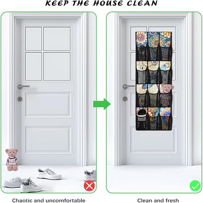 Boho Flowers Shoe Organizer Door Hanger,Storage for Small Spaces,Over the Door Shoe Organizer with 12 Mesh Large Pockets