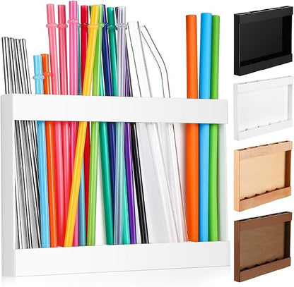 Qinyoung Wooden Straw Holder for Cabinet Door with Double Sided Adhesive Tape Tumbler Straw Organizer for Cupboard Reusable Tumbler Storage Container for Kitchen Counter(White)