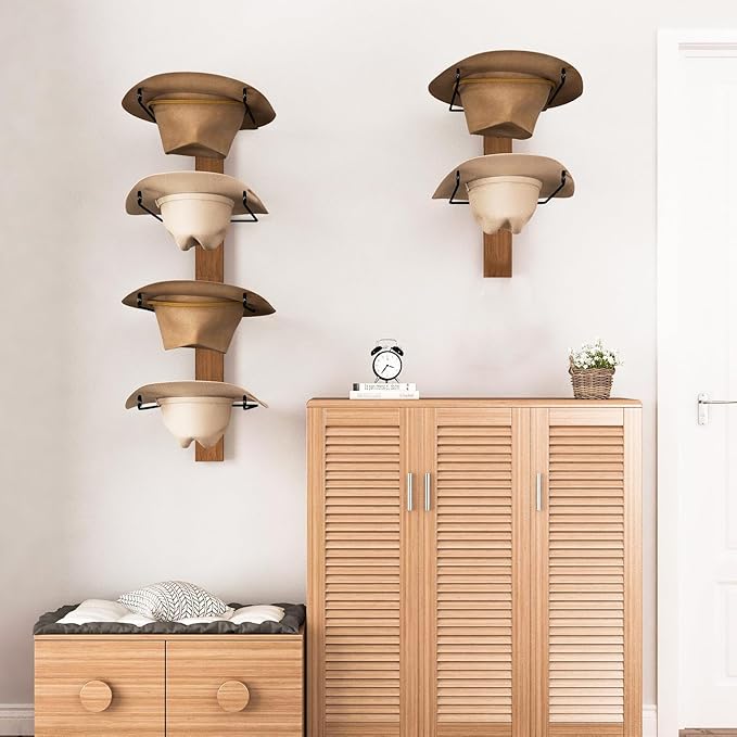 Cowboy Hat Rack - 6-Piece Western Hat Holder, Rustic Black Metal & Natural Wooden Board Wall Mount