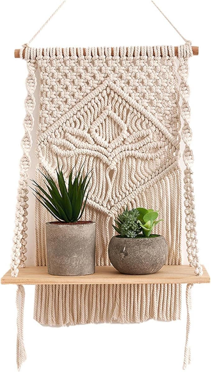 Decazone Macrame Indoor Wall Hanging Shelf Chic Decor Wood Floating Boho Shelves with Wooden Dowel Hand Woven Bohemian Decor for Apartment Dorm Bedroom Living Room Nursery 60 x 30 cm (Beige)