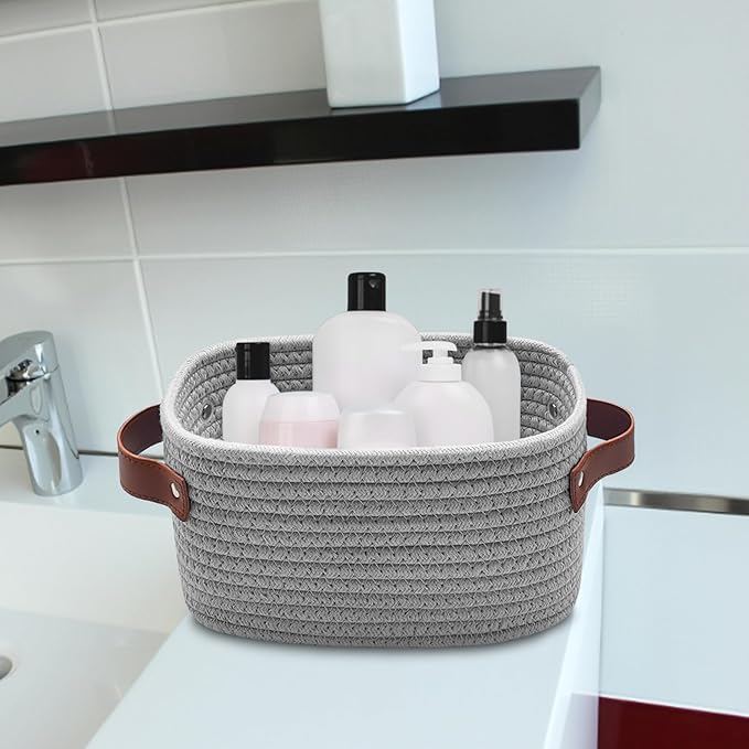 ABenkle Small Storage Basket, Mini Baskets with Handle, Cute Cotton Woven Baskets for Shelves, Boho Decorative Toy Storage Bin for Nursery, Spa, Empty Gift Basket - XS, Grey