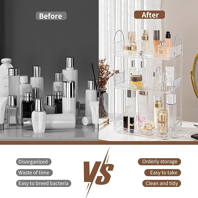 Bathroom Organizer Countertop, Vanity Trays, Skincare Makeup Organizer Shelf, Counter Shelf for Cosmetics, Toiletries, Lotions, Perfumes (3 Tiers, Clear)