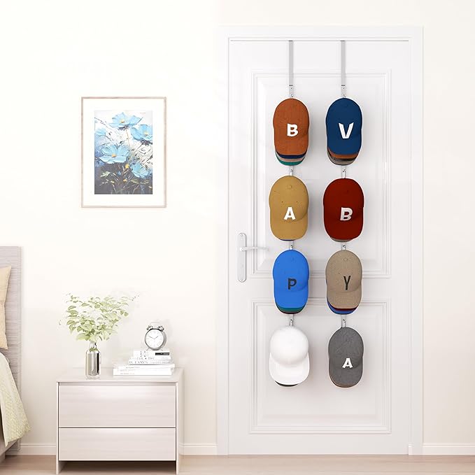 HapiRm Over Door Hat Rack - 2 Packs Hat Organizer with 8 Hooks Design, Hanging Baseball Cap Organizer Storage Holds Up to 40 Caps for Door, Bedroom, Closet (Sliver)