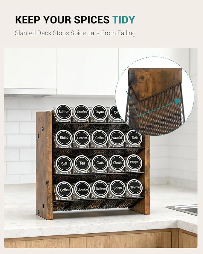 NESAPTO Spice Rack Organizer for Cabinet, Wood 4-Tier Vertical Seasoning Organizer, Wall Mount or Countertop Spice Shelf, Holds 20 Jars (No Jars Included), 10.3" W x 9.4" H
