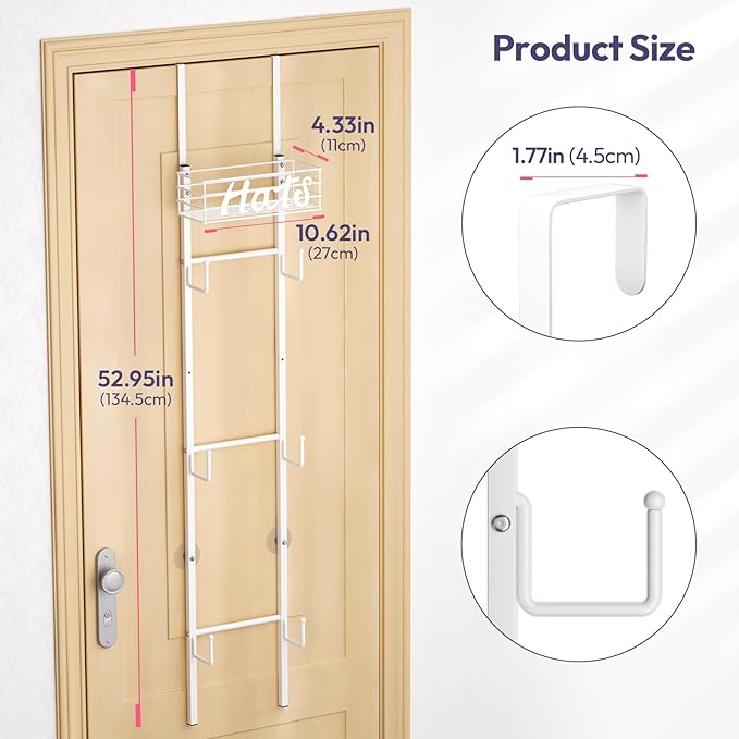 SWTYMIKI Over Door Hat Organizer - Wall Mounted Hat Rack with 6 Hooks and Metal Basket Design, Hanging Baseball Cap Organizer Storage Holds Up to 32 Caps for Door, Bedroom, Closet(White)