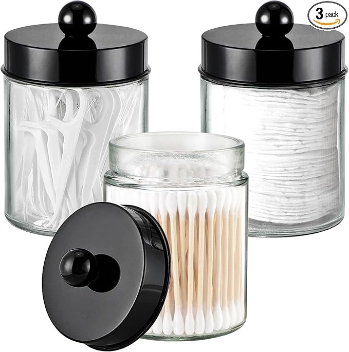 3PC Farmhouse Decor Qtip Holder Apothecary Jars Bathroom Vanity Storage Organizer -Countertop Canister Container &Cute Stickers for Cotton Swab, Ball,Pad,Floss,Paper Clips (Black)