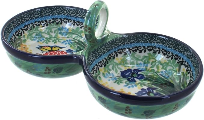 Blue Rose Polish Pottery - Green Teresa Divided Seasoning Cellar - 9.5" x 4.75" - Hand-Painted Ceramic Seasoning Set for Table & Kitchen
