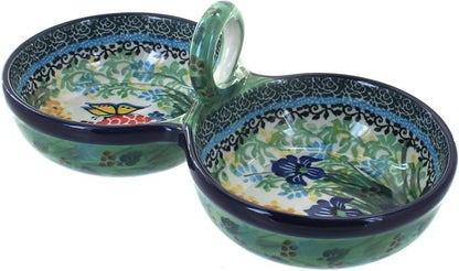 Blue Rose Polish Pottery - Green Teresa Divided Seasoning Cellar - 9.5" x 4.75" - Hand-Painted Ceramic Seasoning Set for Table & Kitchen