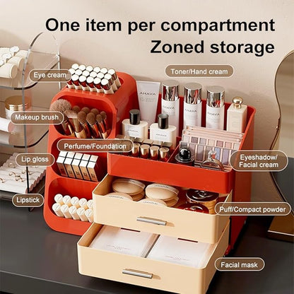 Makeup Organizer with Drawers,Large Capacity Countertop Organizer for Vanity,Bathroom and Bedroom Desk Cosmetics Organizer,Easy To Storage Skincare,Brushes,Lotions (Red and Cream)