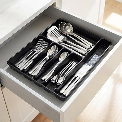 Morcte 1-Pack Plastic Silverware Cutlery Tray Organizer, Cutlery Holder Trays, Black