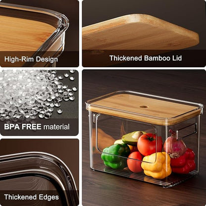 Hudgan Pantry Organizers and Storage with Straight Side, 2 Set Stackable Bin with Open Front for Onion,Potato,Garlic,Fruit, Clear Storage Bin with Bamboo Lid for Kitchen Cabinet, Countertop, Bathroom
