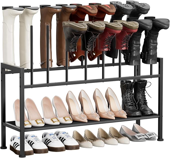 DIMJ Boot Rack 3-Tier - Black Metal Boot Storage Rack for Tall Boots Organizer Tall Boots, Multiuse Shoe Rack for Boots, Sneakers, High-Heel, Entryway, Fit for 8 Pairs, Black
