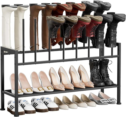 DIMJ Boot Rack 3-Tier - Black Metal Boot Storage Rack for Tall Boots Organizer Tall Boots, Multiuse Shoe Rack for Boots, Sneakers, High-Heel, Entryway, Fit for 8 Pairs, Black