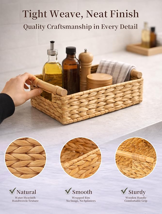 Water Hyacinth Wicker Basket, 10.24*7.87*3.94 Inch Woven Basket with Handles, Wooden Handles Wicker Storage Basket, Rattan Basket for Decorative Baskets, Pantry, Shelves, Gift, Toys - Small
