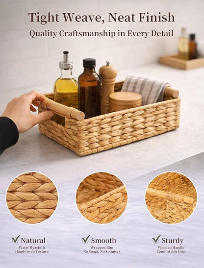 Water Hyacinth Wicker Basket, 10.24*7.87*3.94 Inch Woven Basket with Handles, Wooden Handles Wicker Storage Basket, Rattan Basket for Decorative Baskets, Pantry, Shelves, Gift, Toys - Small