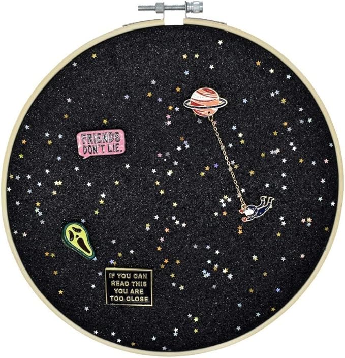 Round Badge Brooch Display Wall Hanging Pin Display Glitter Board Jewelry Storage Pin Collection Banner with Bamboo Hoop for Enamel Pins Buttons and Labels (Black-Faux Leather)