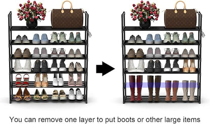 Hsscblet 6 Tiers Metal Shoe Rack,Adjustable Shoe Shelf Storage Organizer with Hooks,Stackable Boot & Shoe Storage,for Entryway,Hallway,Closet,Black