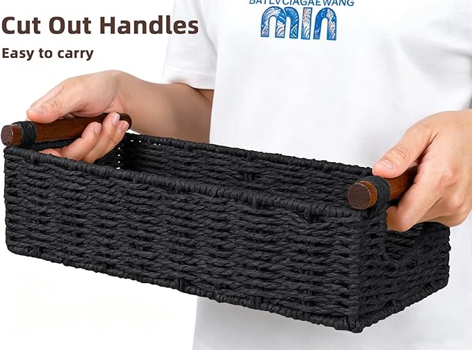 CubesLand Wicker Toilet Storage Basket Tray Organizer W/Cut Out Handle, Slim Decorative Basket for Countertop, Shelves And for Versatile Home Decor, Living Room, Nursery Organization, Black