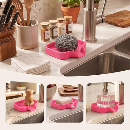 MicoYang Silicone Bathroom Soap Dishes with Drain Spout-Bathroom and Kitchen Sink Organizer,Sponge Holder,Dish Soap Tray,Perfect for Dispenser,Scrubber,Bottle,Cup on Sink or Counter-Rose 4.9"×3.2"