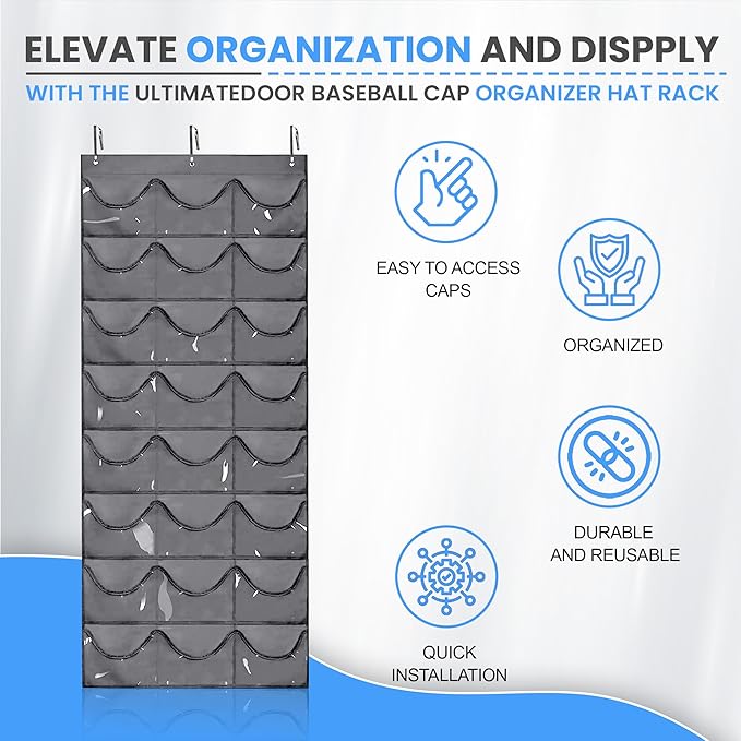 Hat Rack Premium Quality, Organizer for Wall or Door, 24 Clear Deep Pockets, Storage for Caps, Hooks Included, Large Pockets for Multiple Baseball, Golf, and Sports Caps Organization, grey