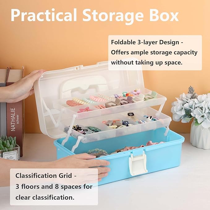 Hipiwe 3-Layer Plastic Storage Box 12.8" Multipurpose Craft Organizers with Dividers & Handle Hair Accessories Organizer Folding Craft Tool Case Portable Tackle Box for Sewing Art Cosmetic, Blue