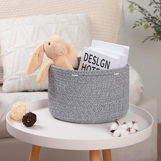 MiniArk Small Basket for Organizing | Cube Shelf Closet Storage Baskets | 9.7×9.7×7.1” | Woven Rope Gift Basket | Nursery | Round 3 Packs Mixed Grey
